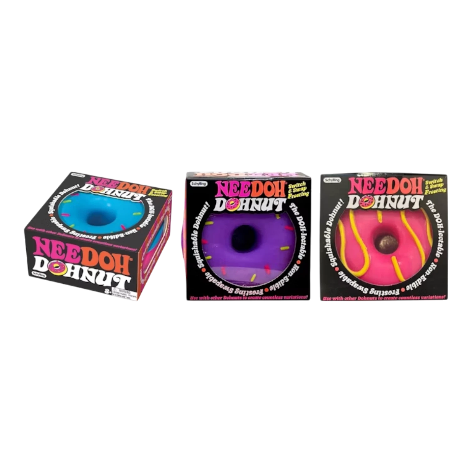 Squish Planet NeeDoh Dohnuts squishy fidget toy in blue, purple, and pink donut shapes with swappable frosting.